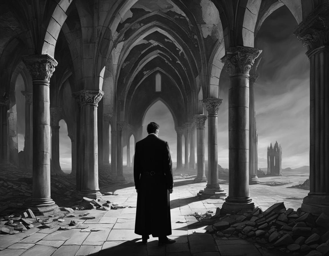 Gothic Ruins: Man Under Arch, Surrealist Style