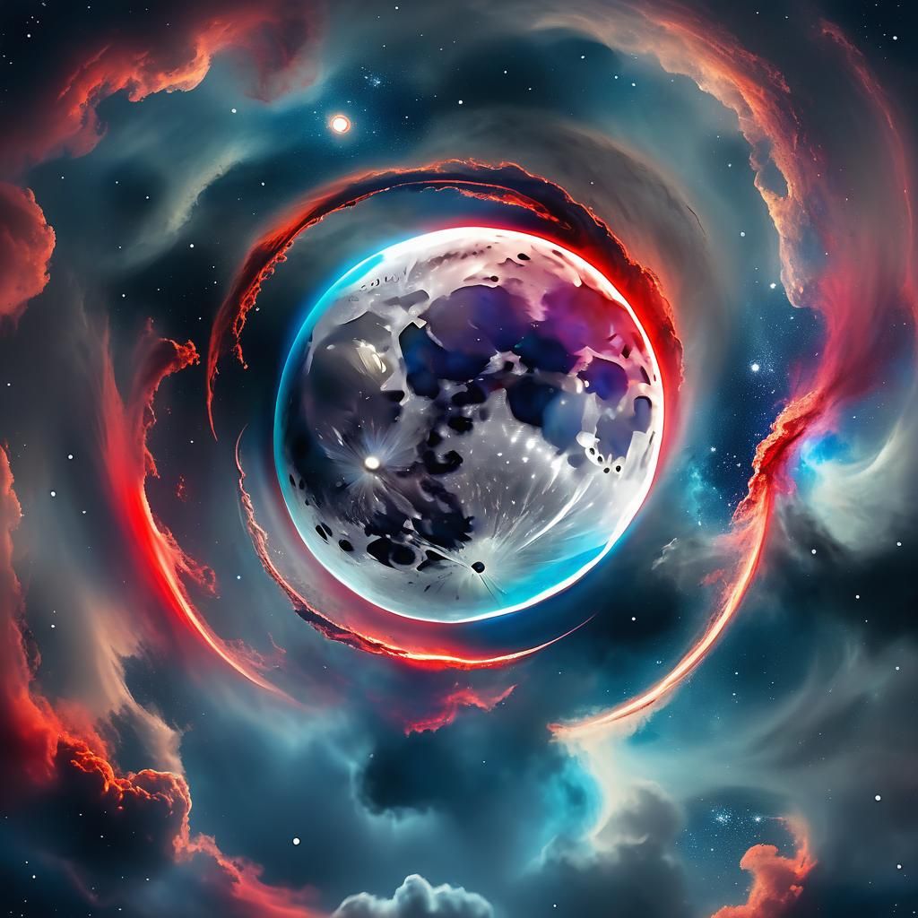 Surreal Moon with Red Hue and Galaxy Clouds