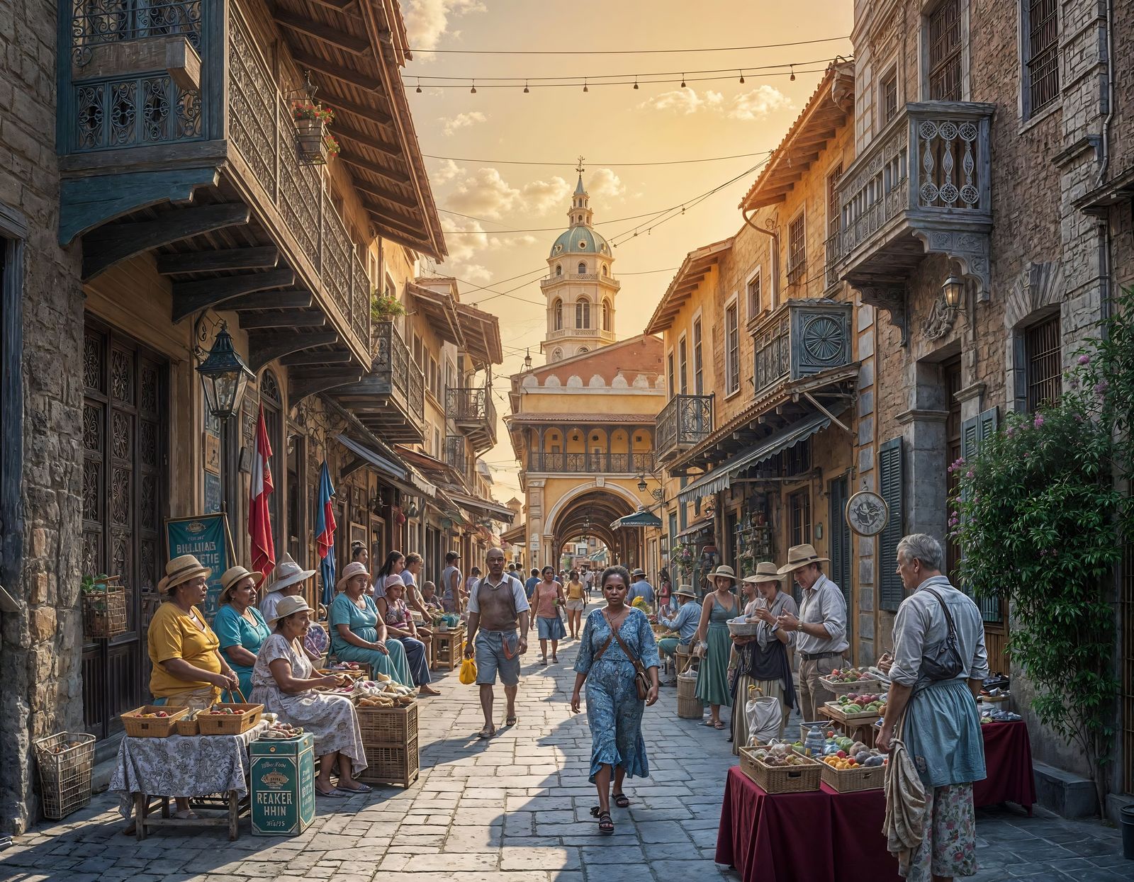 Bustling Market in Kralendijk, Bonaire: Digital Matte Painti...