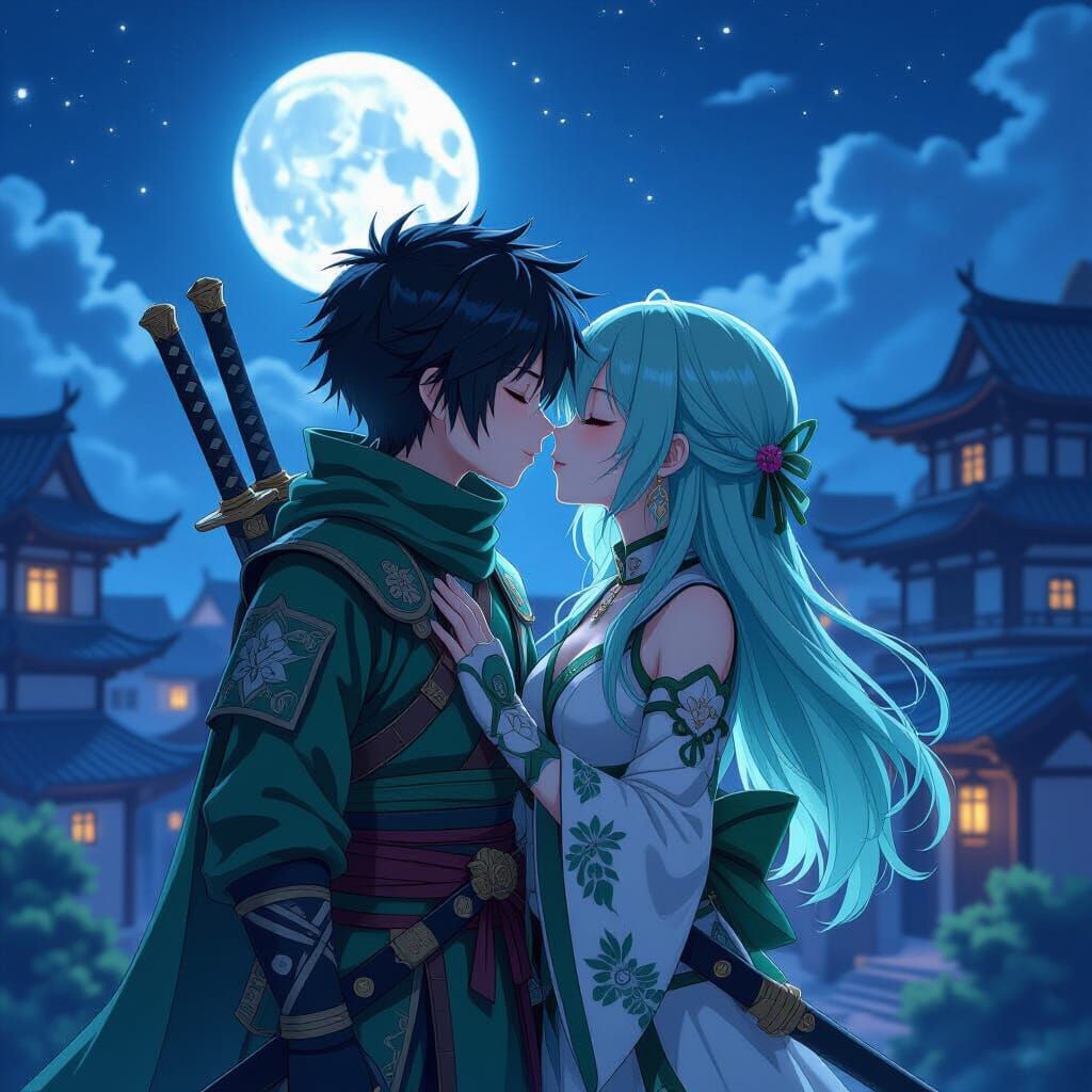 Anime Ninjas Kissing Under Moonlight