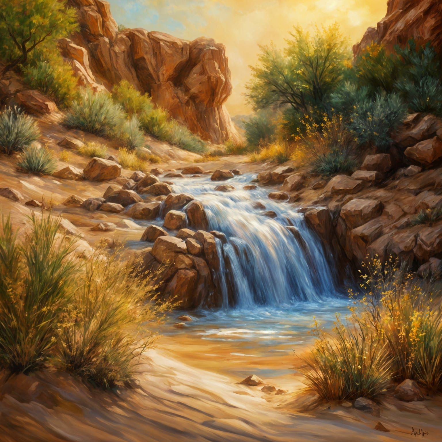 Desert Waterfall: An Impressionistic Oil Painting