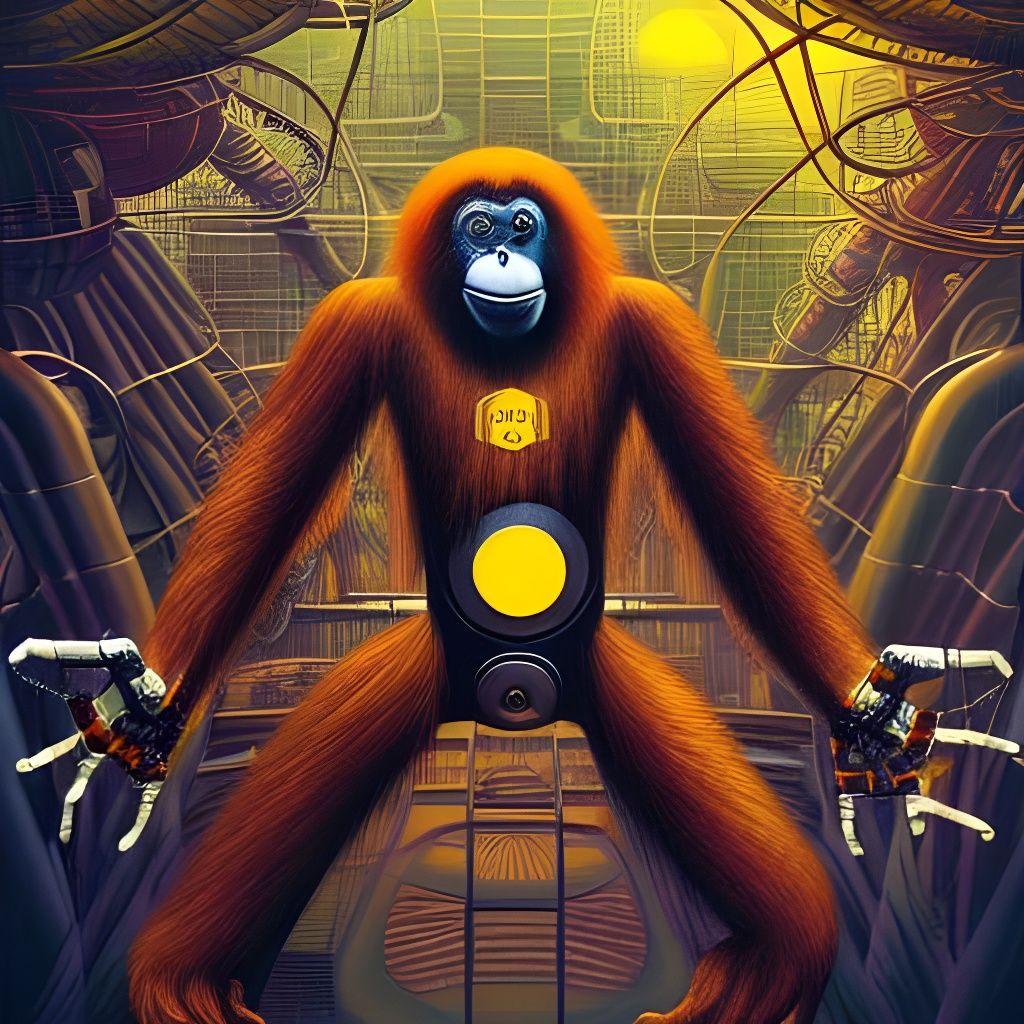 Orangutan Robot in Metal Jungle: Sci-Fi Illustration