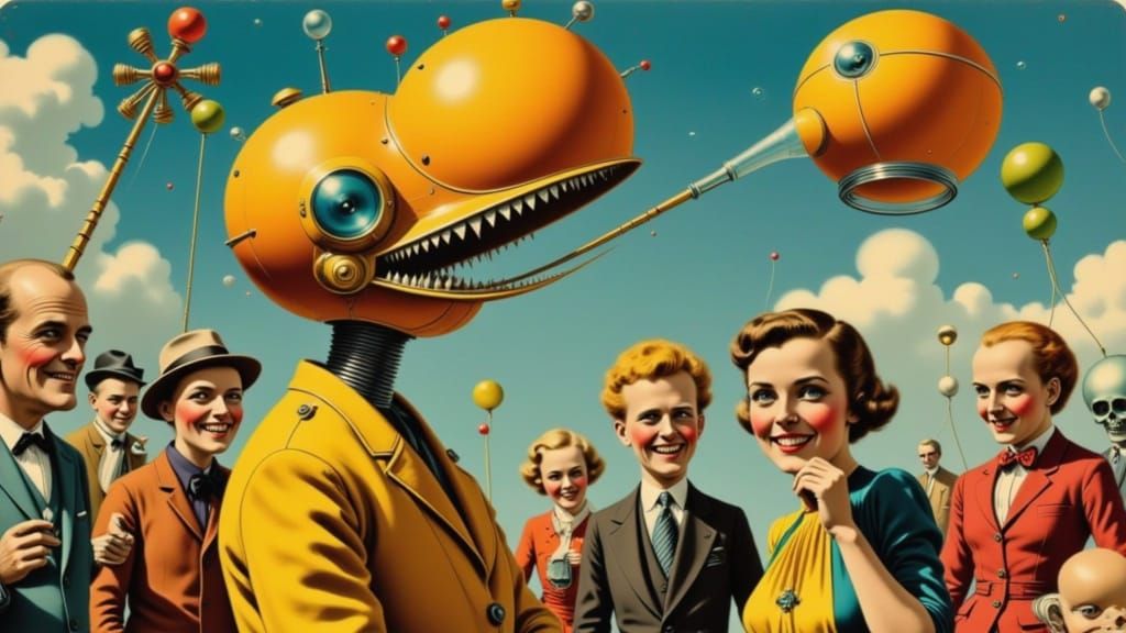 Robot vs. Mad Scientists in Vintage Futurism Style