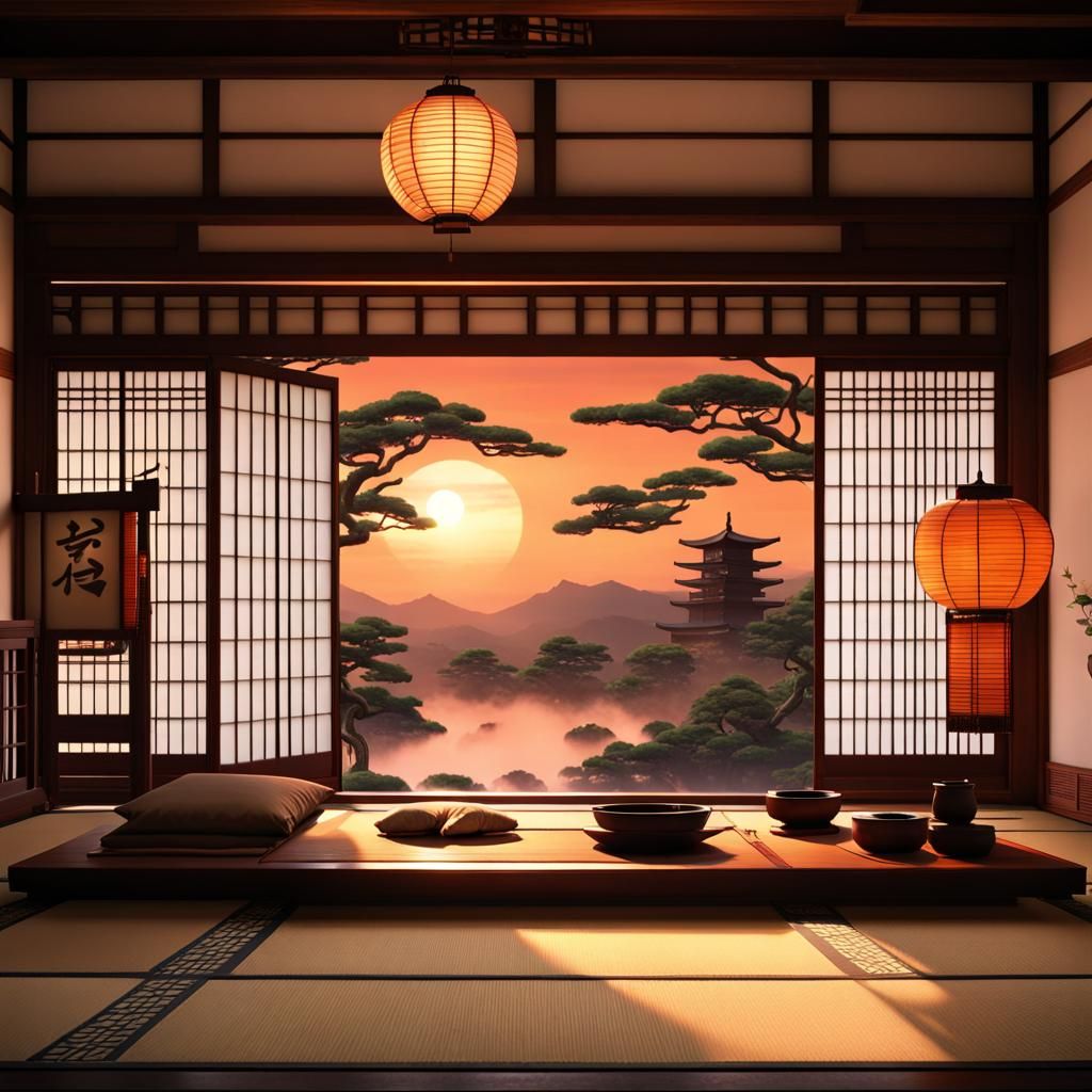 Zen Monk in Japanese Garden at Sunset