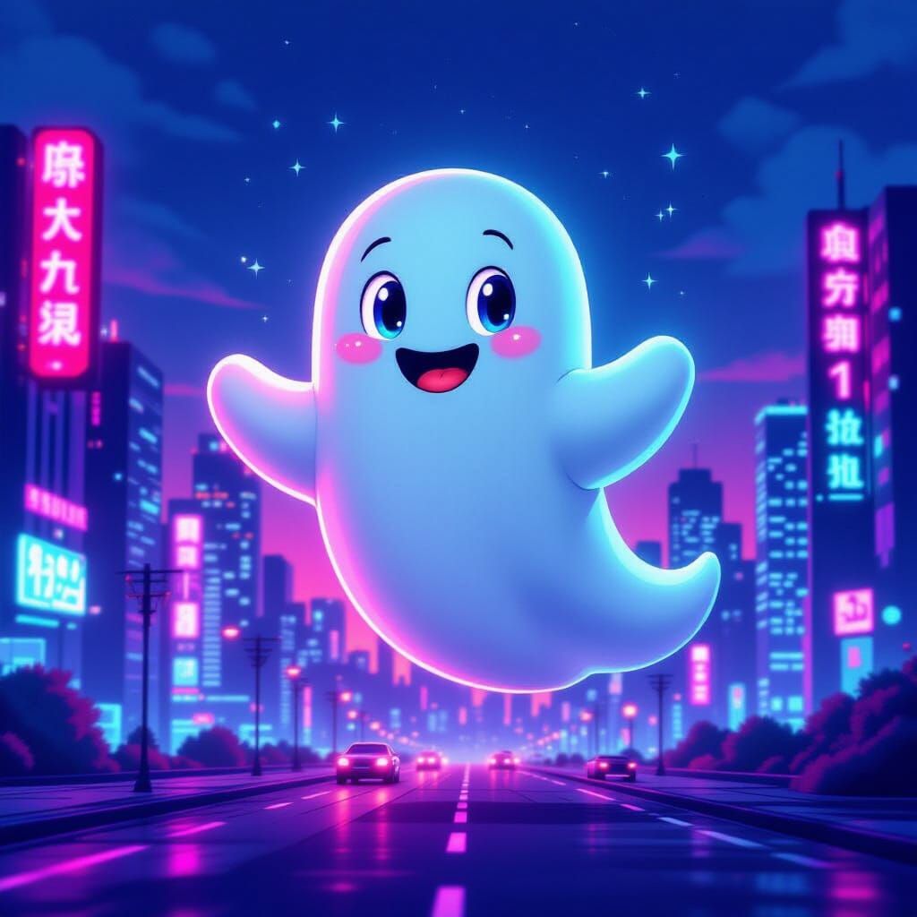 Casper in Synthwave Cityscape with VHS Glitch Effect