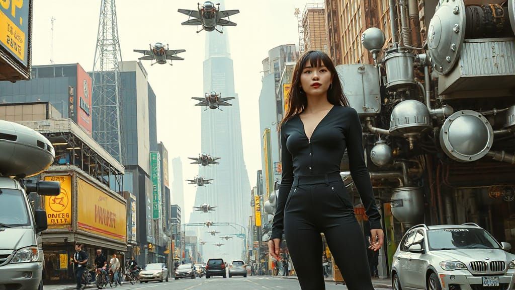 Futuristic Kawaii Woman in Steampunk Cityscape