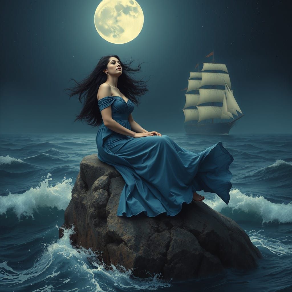 Moonlit Siren on the Ocean's Edge