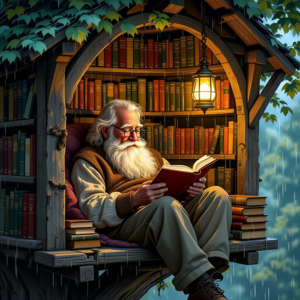Cozy Grandpa in Book-Filled Treehouse, Digital Art