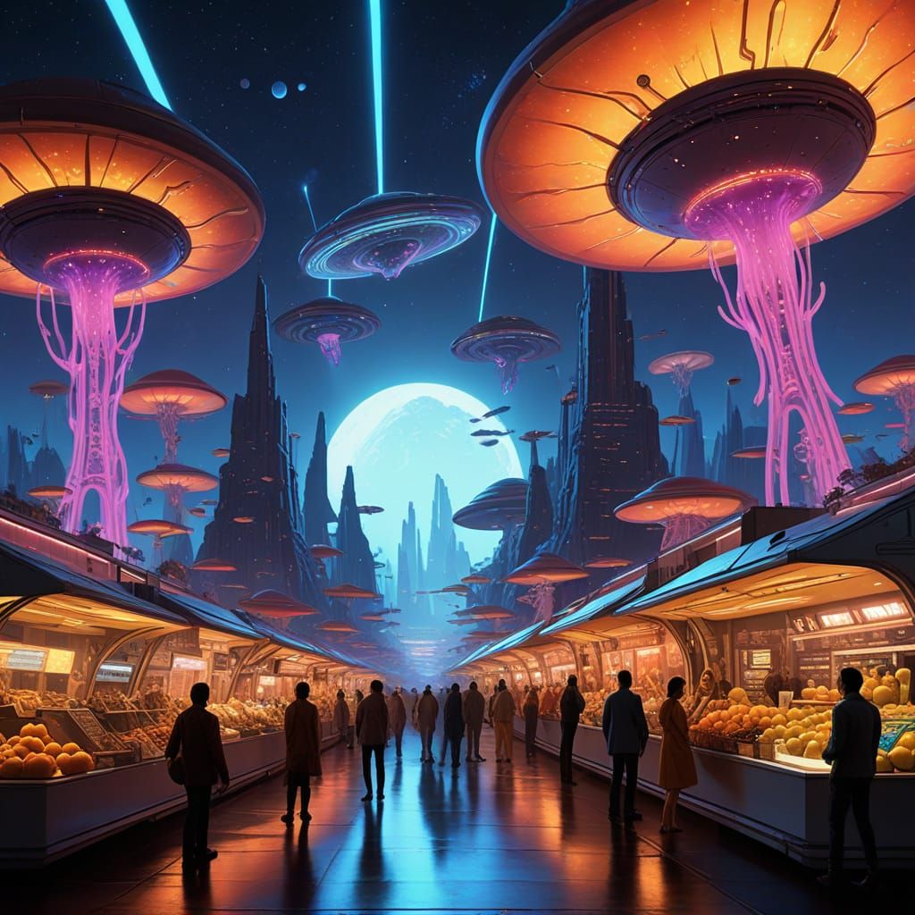 Alien Marketplace on Distant Planet in Syd Mead Style