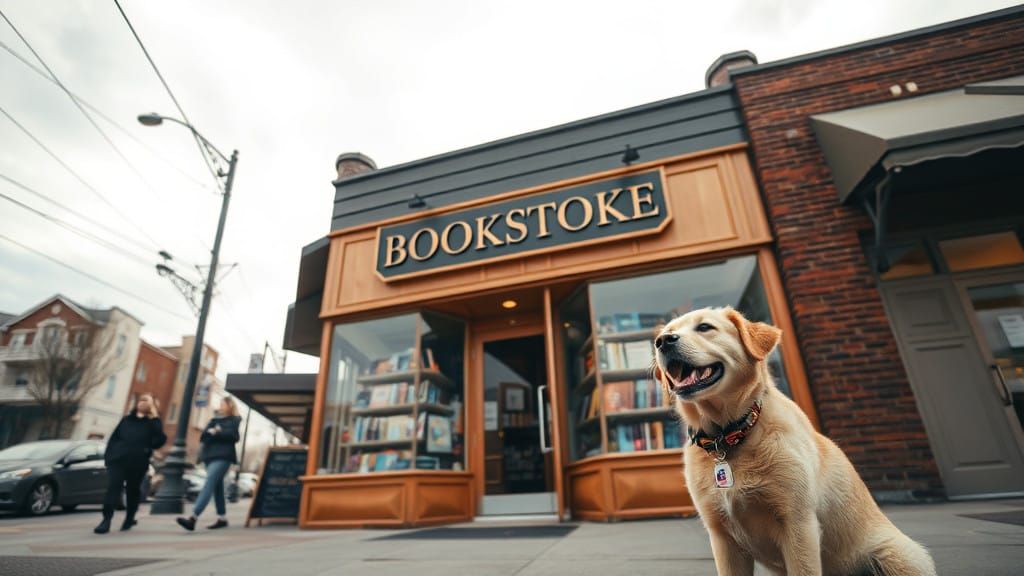 Charming Bookstore Scene with Friendly Golden Retriever