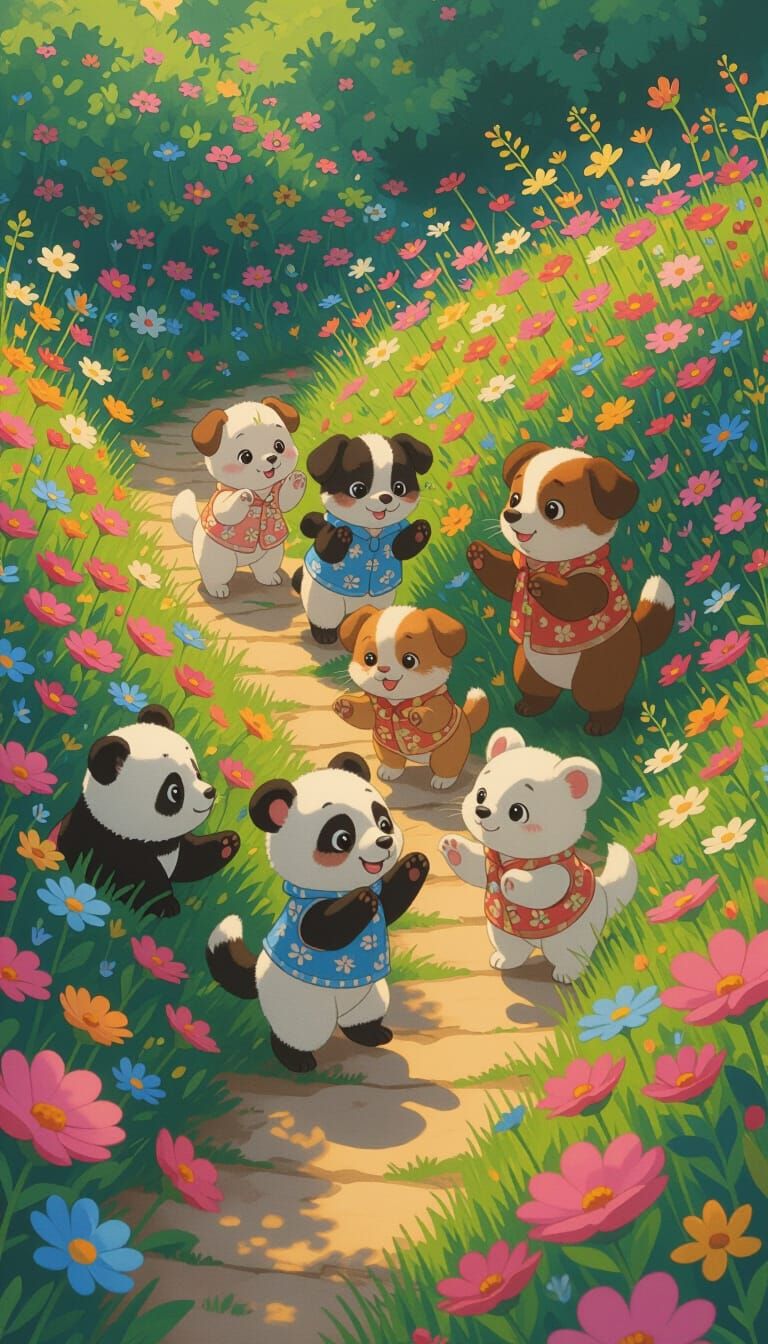 Adorable Animals Celebrate on Colorful Paths, Ghibli Animati...