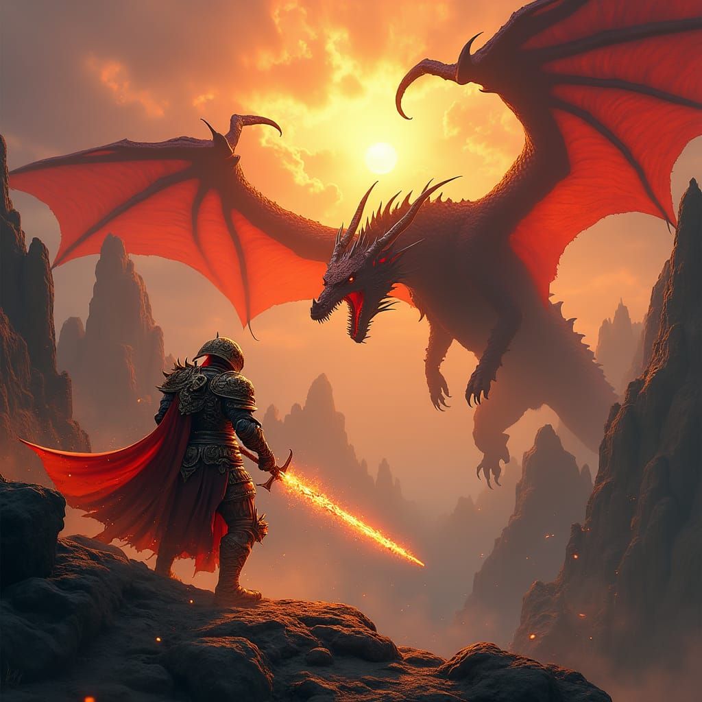 Fire Knight Battles Red Dragon in Mystical Landscape