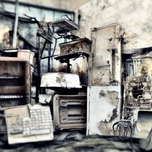 Surreal Decay: Rusted Cars Amidst Eerie Structures