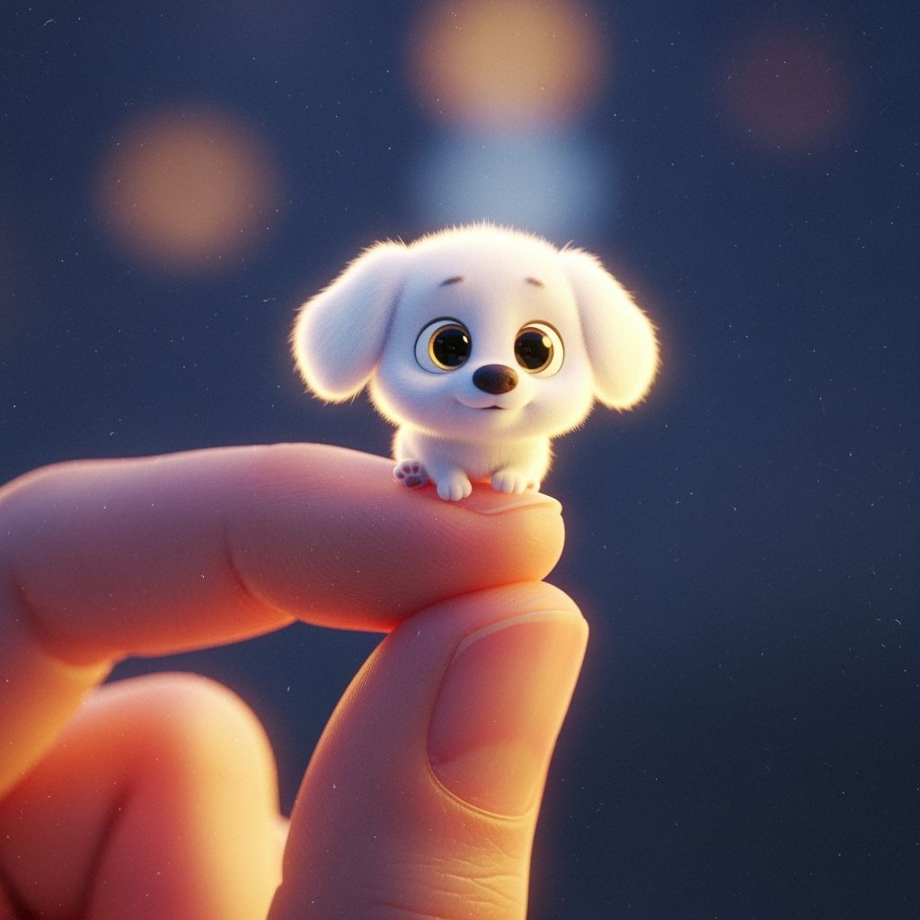 Finger Holding Tiny Dog in Pixar Style