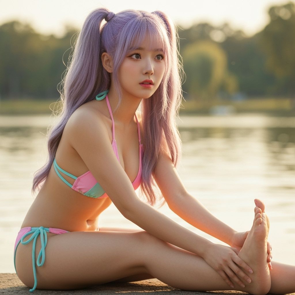 Glamorous K-Pop Idol in Lakeside Contemplation