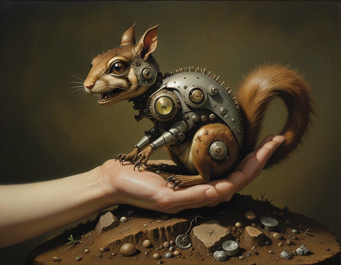 Surrealistic Oil Painting of Robotic Chipmunk Rising from th...