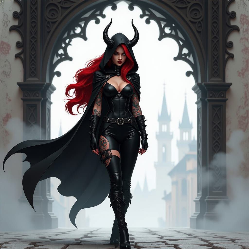 Crimson-Haired Tiefling in Gothic Setting, Dark Fantasy Illu...