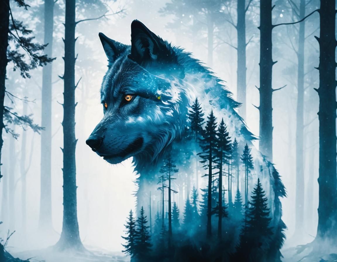 Wolf in Misty Forest Fantasy Illustration