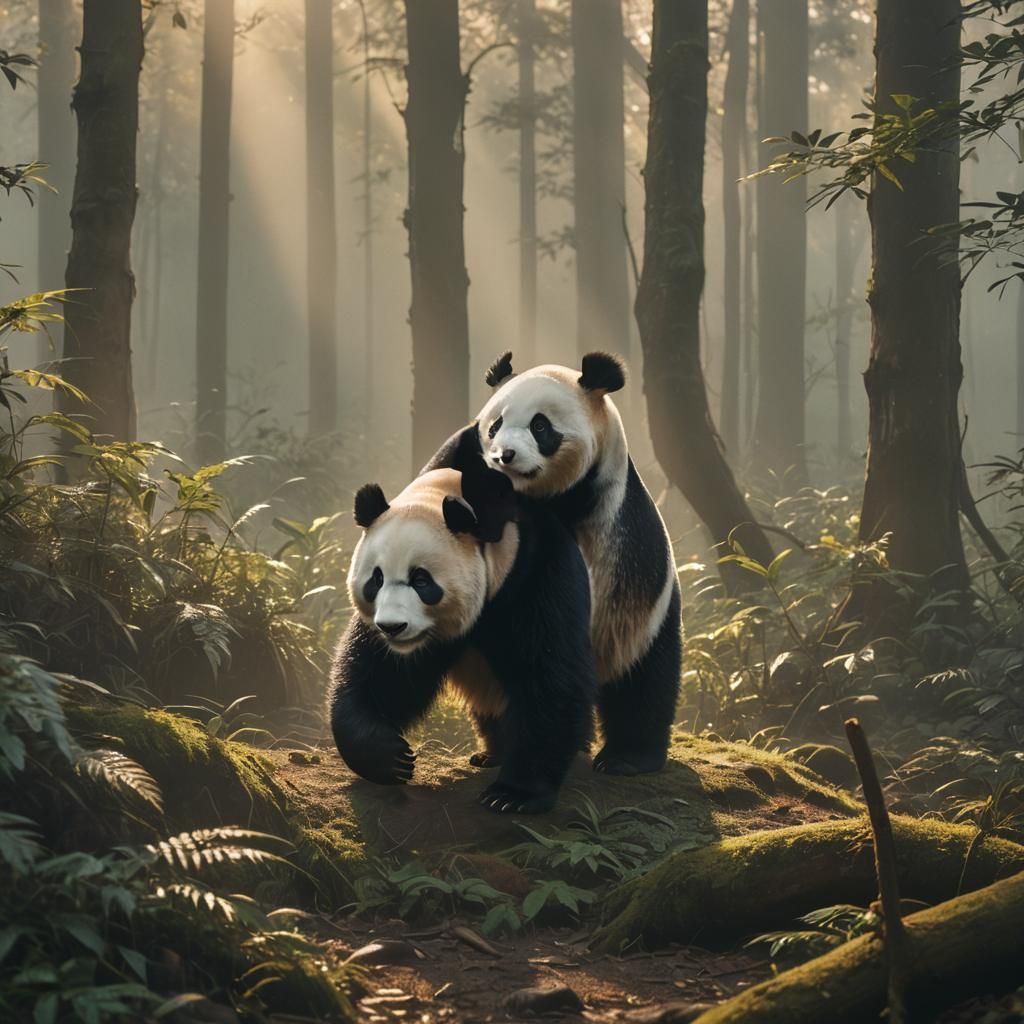 Giant Panda Roaming Ancient Forest in Golden Light