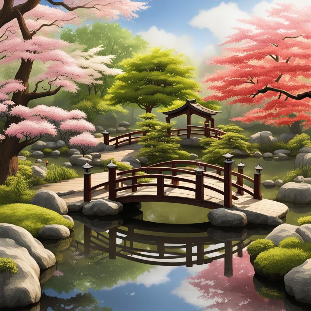 Traditional Japanese Garden Scene with Arched Bridge