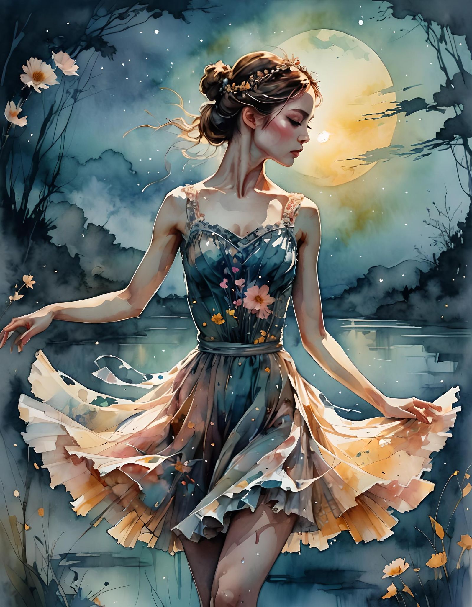 Ballerina Silhouette in Digital Watercolor Summerscape