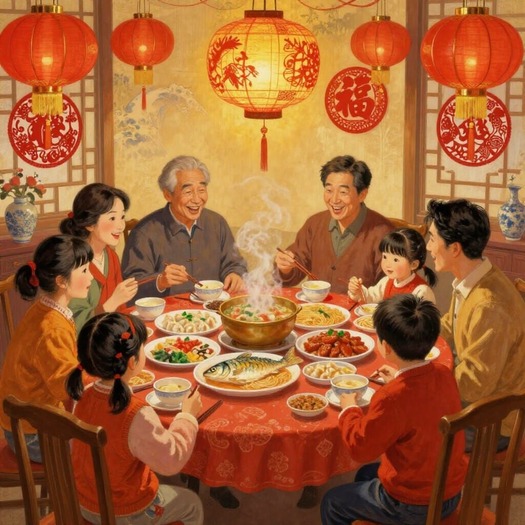 Joyful East Asian Family Celebrates Chinese New Year Dinner