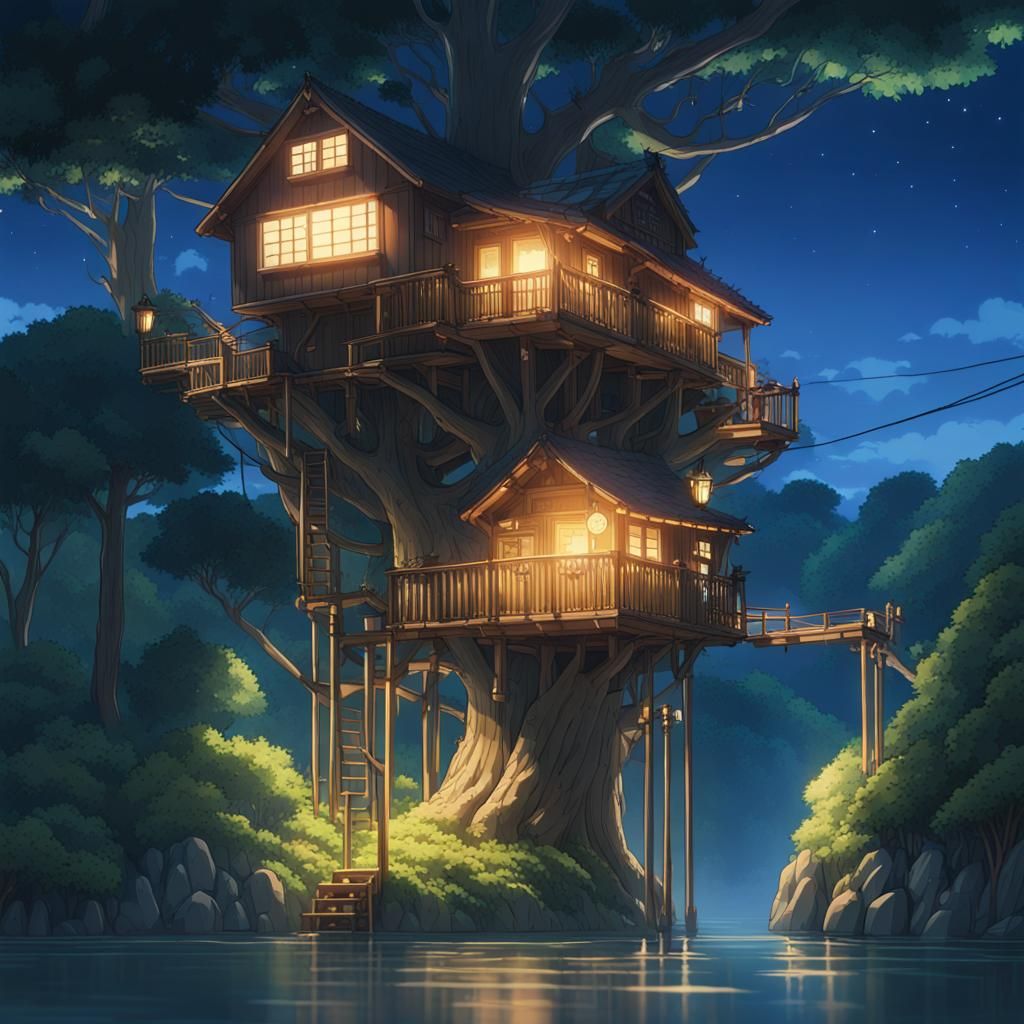 Nighttime Treehouse Village: Anime Key Visual