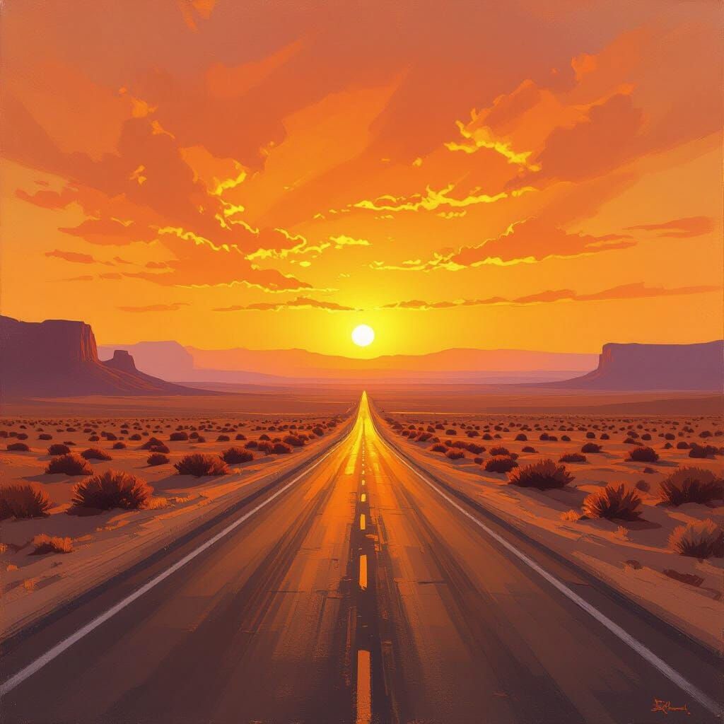 Endless Desert Road Under Fiery Orange Sky