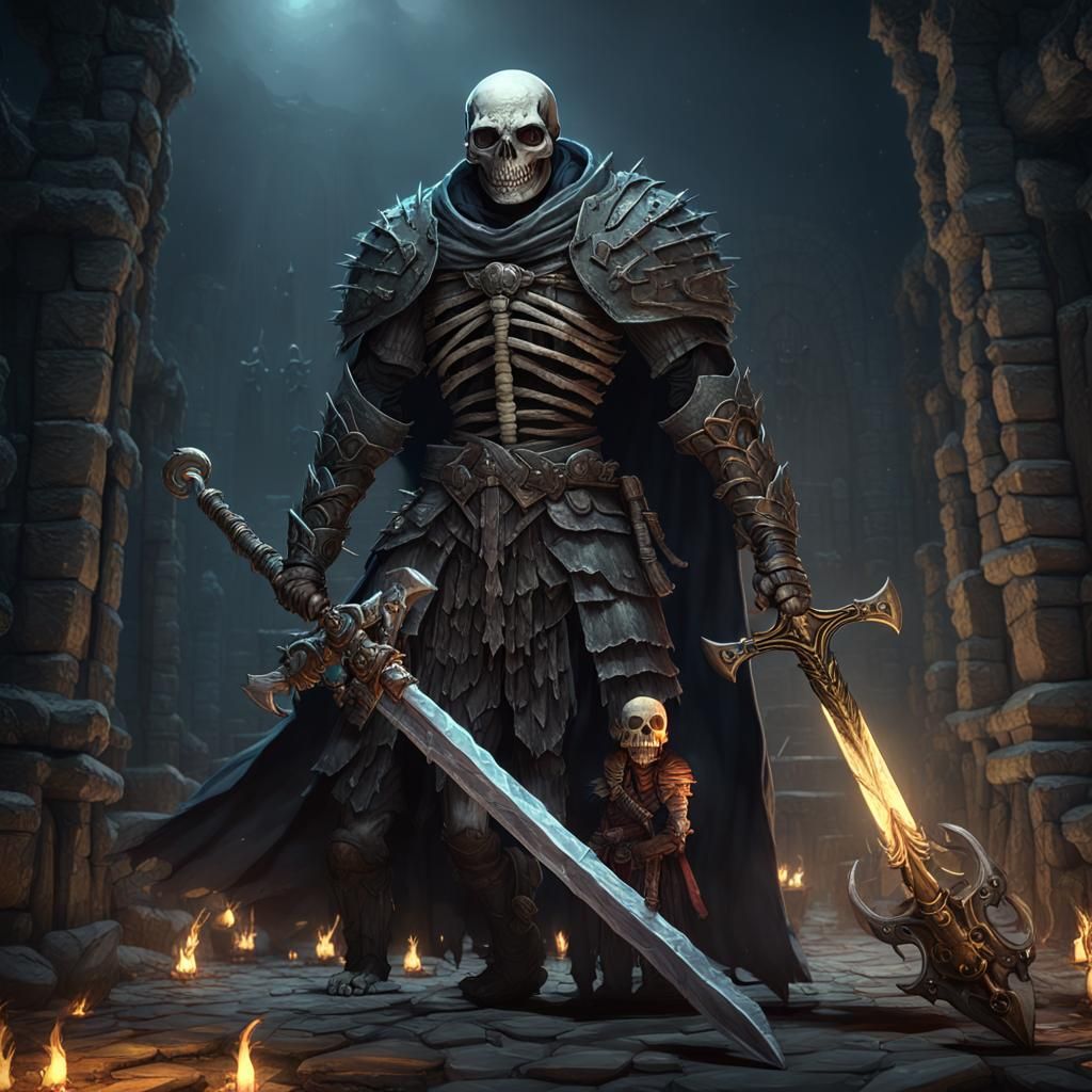 Skeleton Warrior and Cat Companion in Dark Souls Style