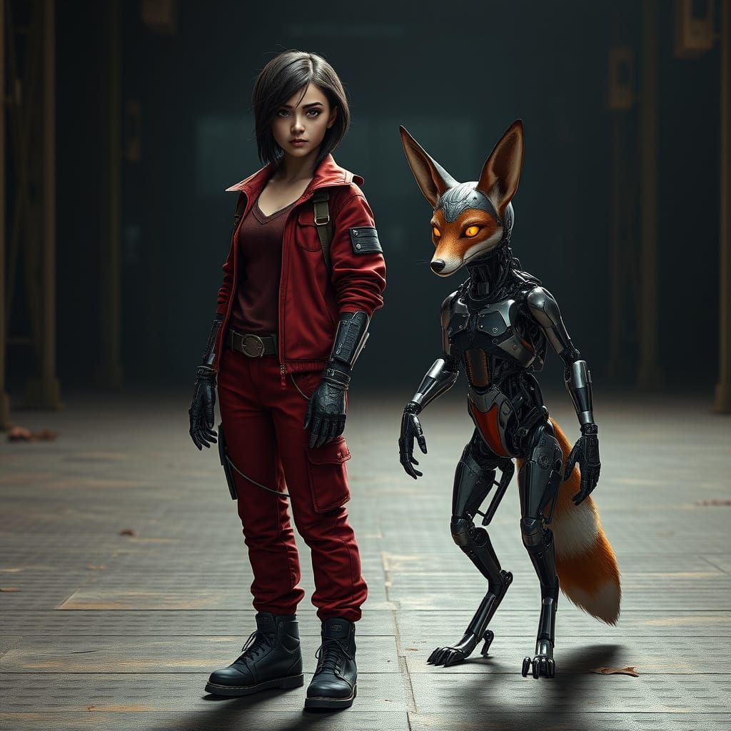 Cyberpunk Woman and Her Cybernetic Fox Companion in Industri...