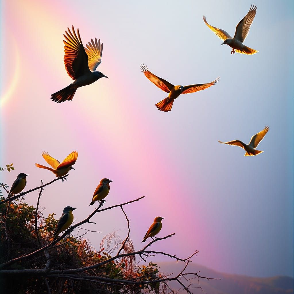 Vibrant Rainbow Landscapes with Diverse Birds in Flight