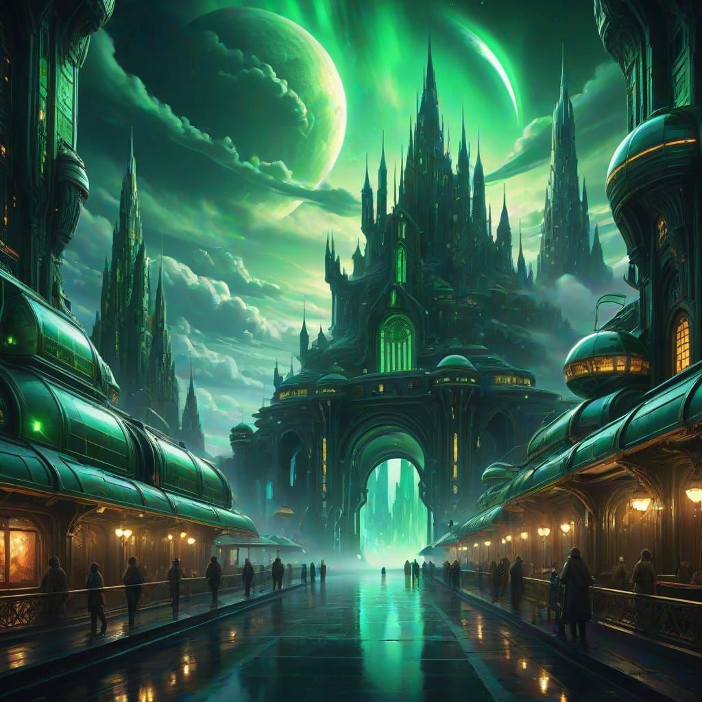 Floating Futuristic City in Aurora Borealis