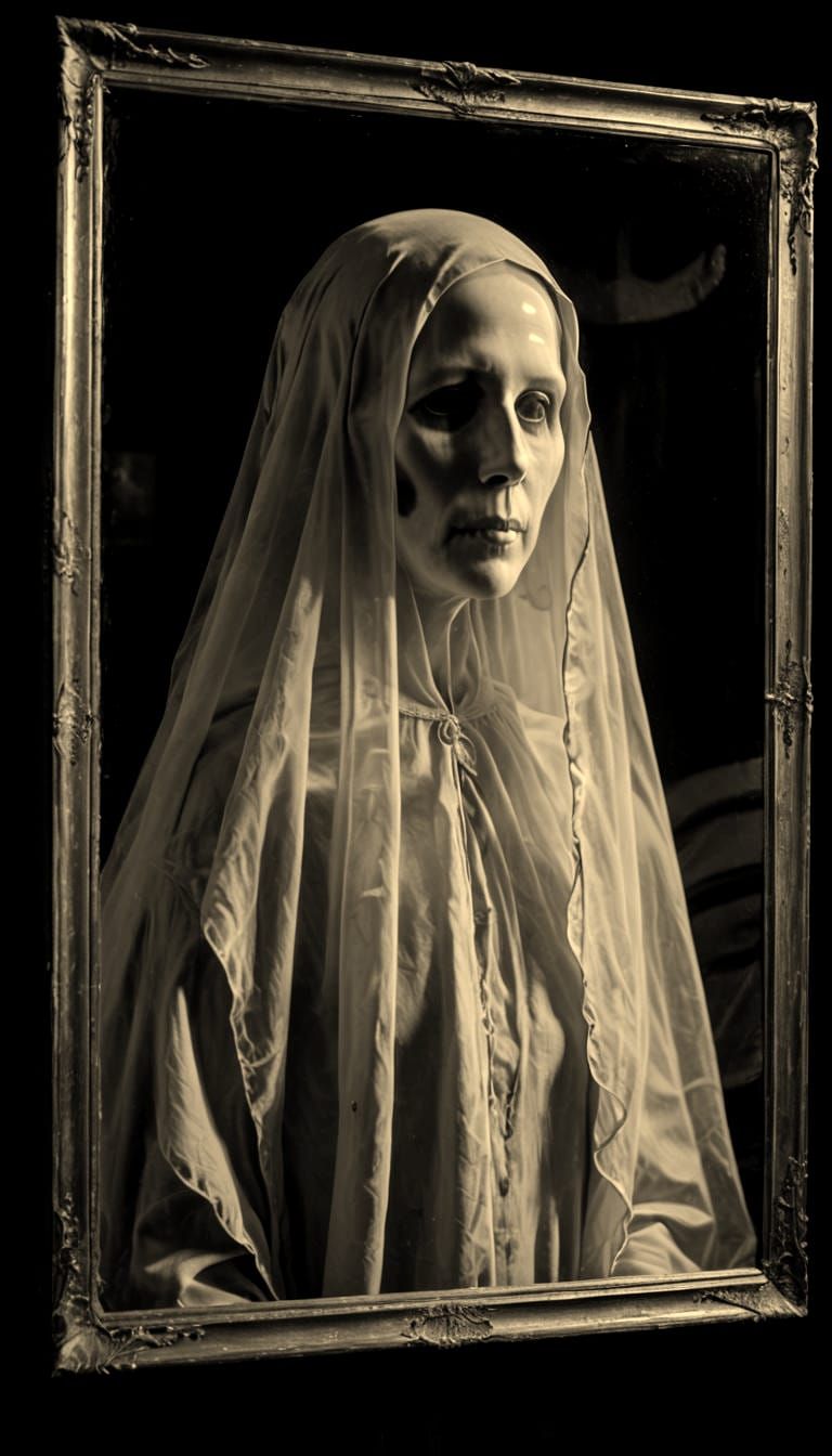 Ethereal Ghost Portrait Reflected in Transparent Mirror