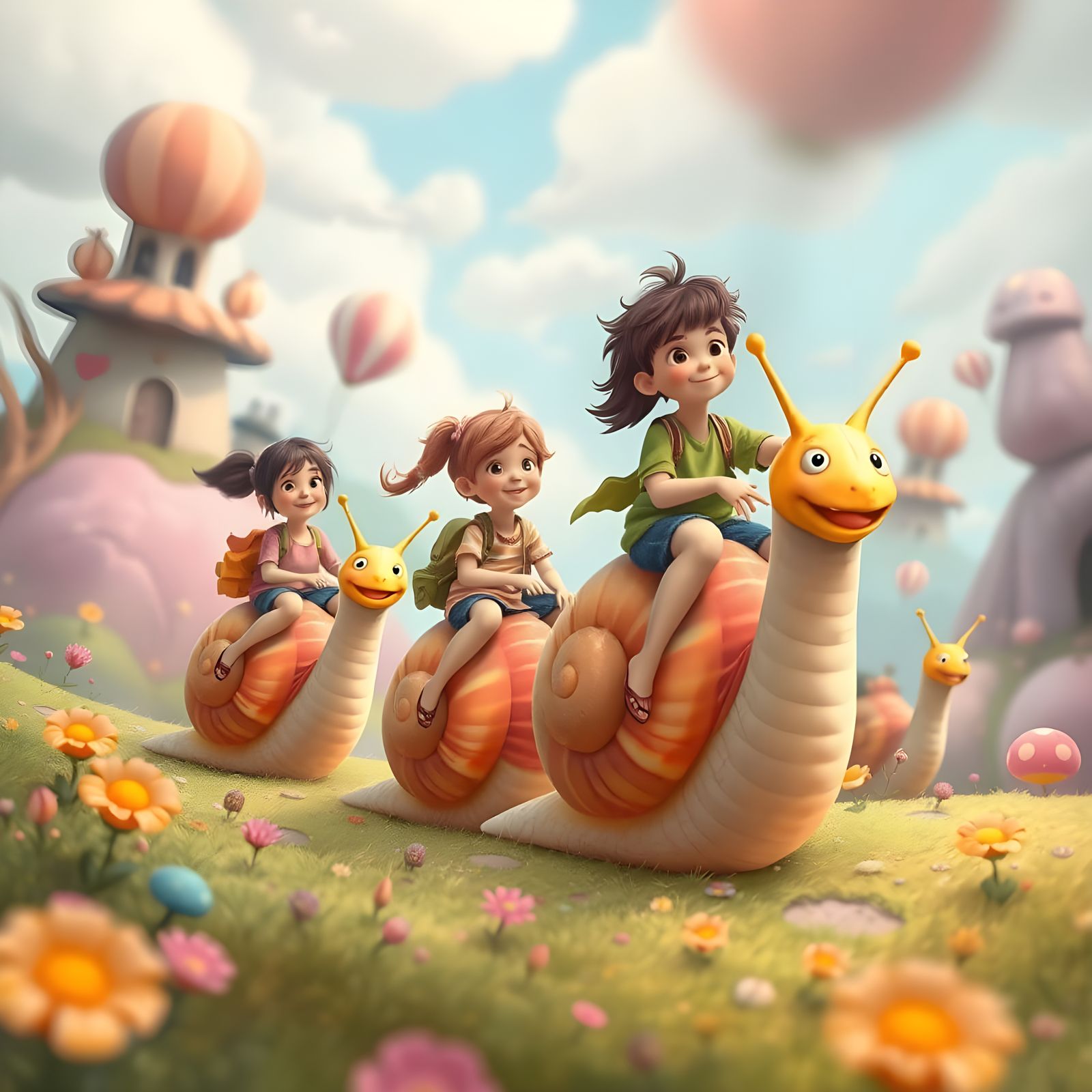 Children Ride on Friendly Snail Backs in Whimsical Fantasy L...