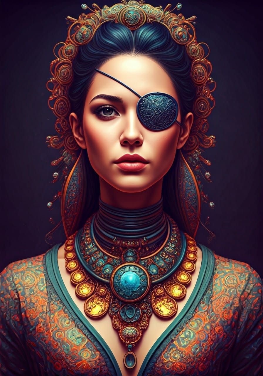 Hyperrealistic Woman with Eyepatch in Futuristic Attire