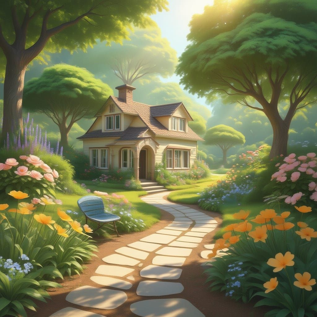 Serene Garden Path with Big Trees and Flowers