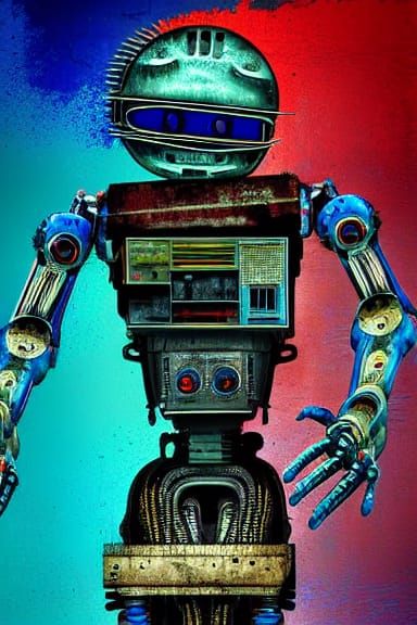 Dying Robot by Pool in Triadic Color Scheme