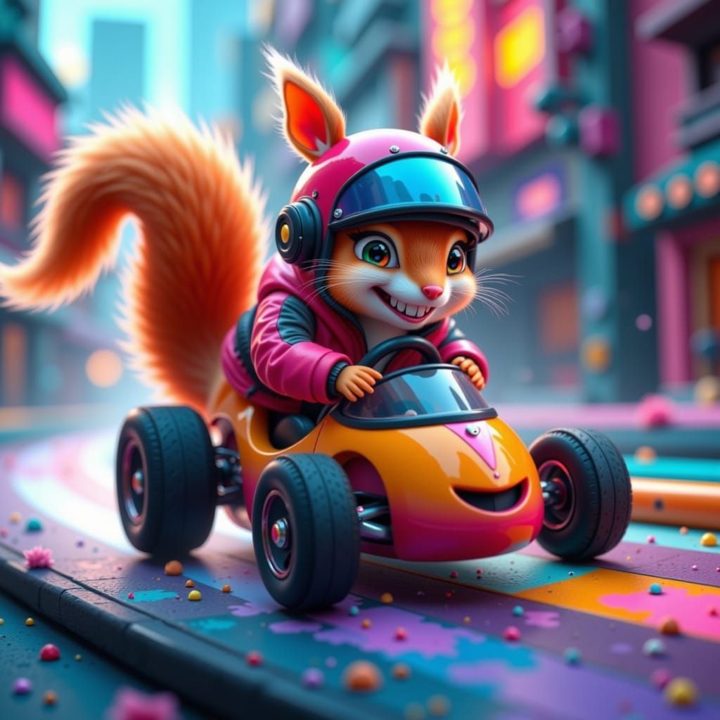 Squirrel Races on Toy Track in Cute Style