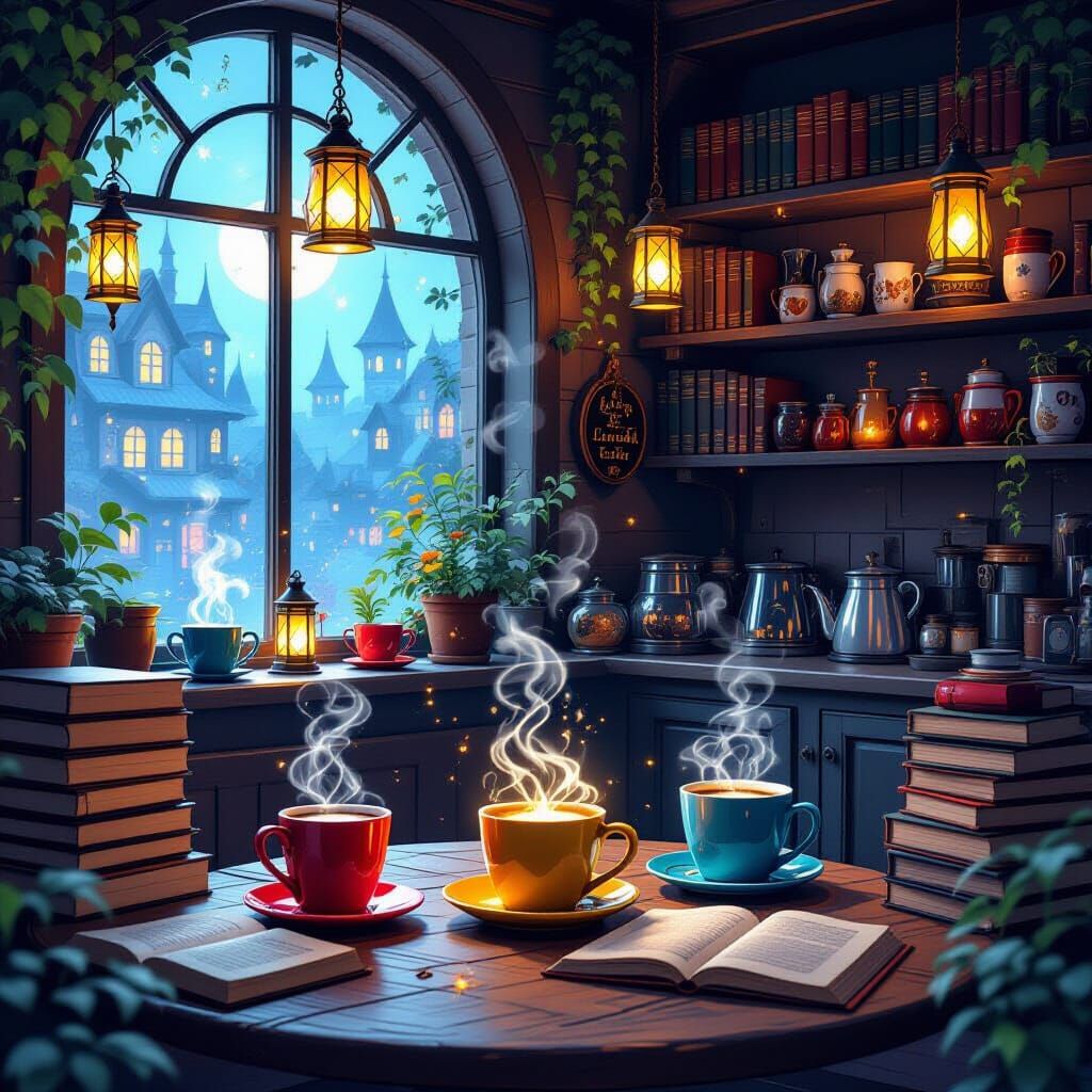 Cozy Supernatural Cafe with Glowing Mugs and Magic