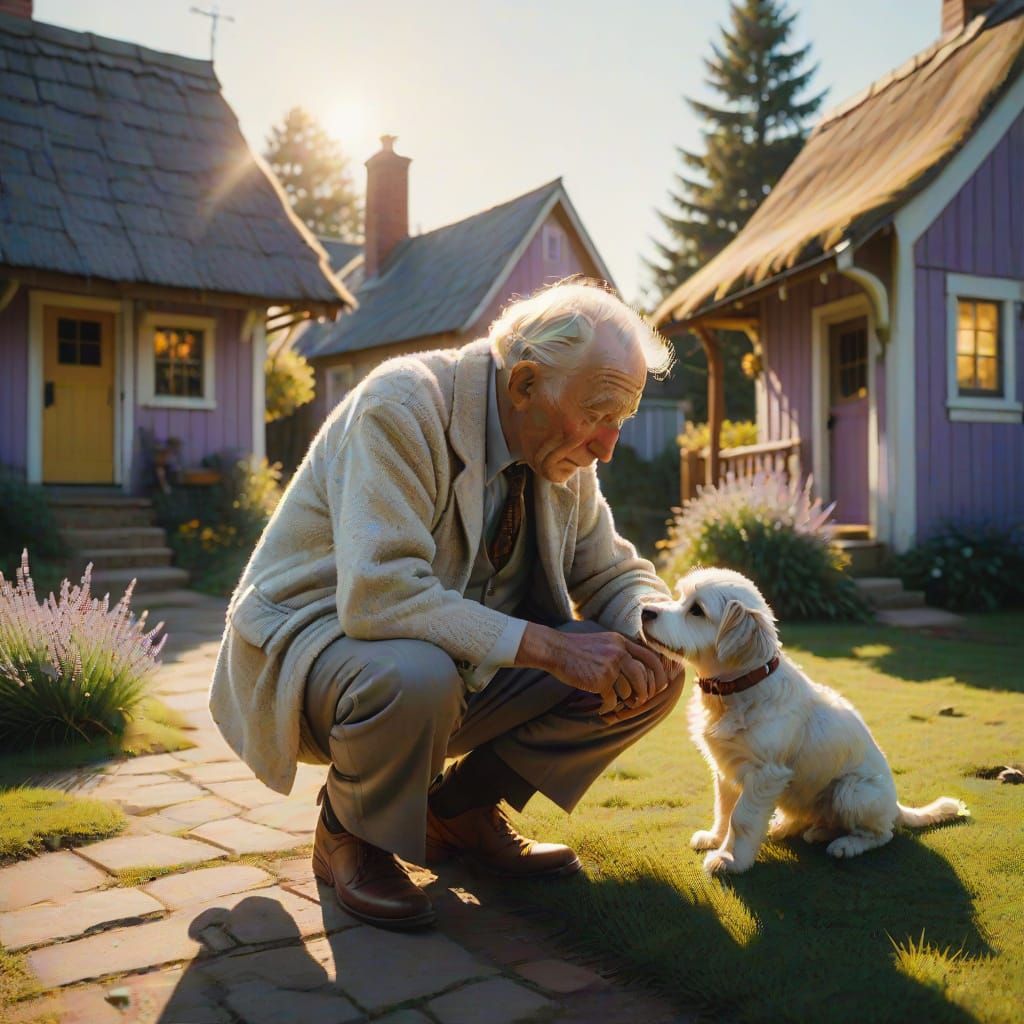 Heartwarming Cinematic Moment: Elderly Man with Fuzzy Puppy