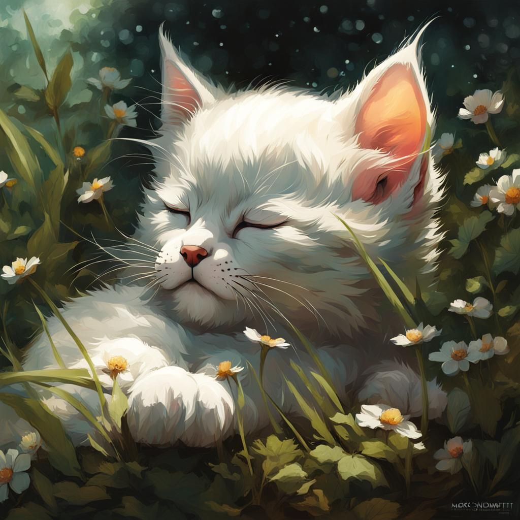 Sleeping Kitten Cub in Garden: Digital Art