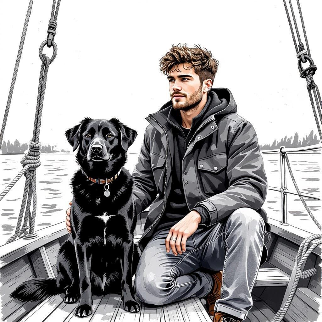 Young Man and Black Newfoundland Dog on Boat in Sketch Style