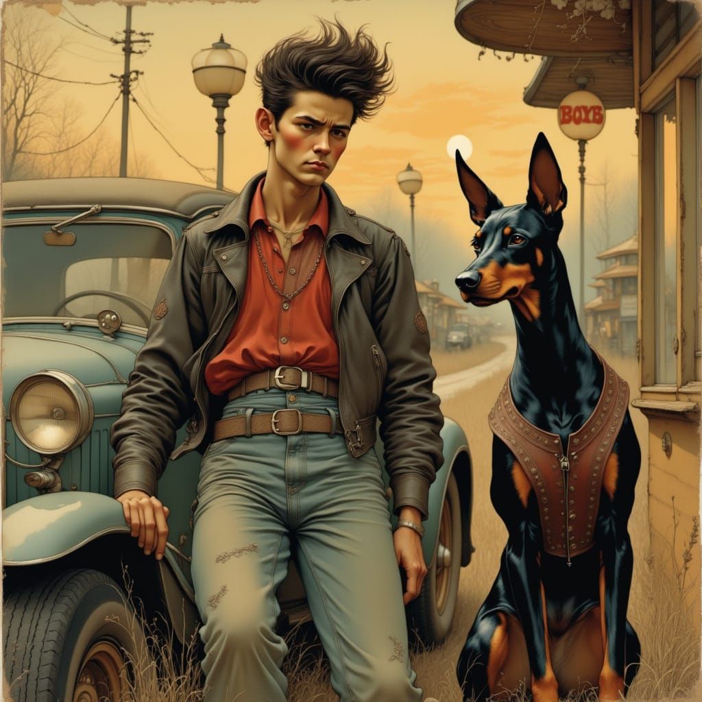 1950s Greaser, Doberman, and Hot Rod in Collage Style