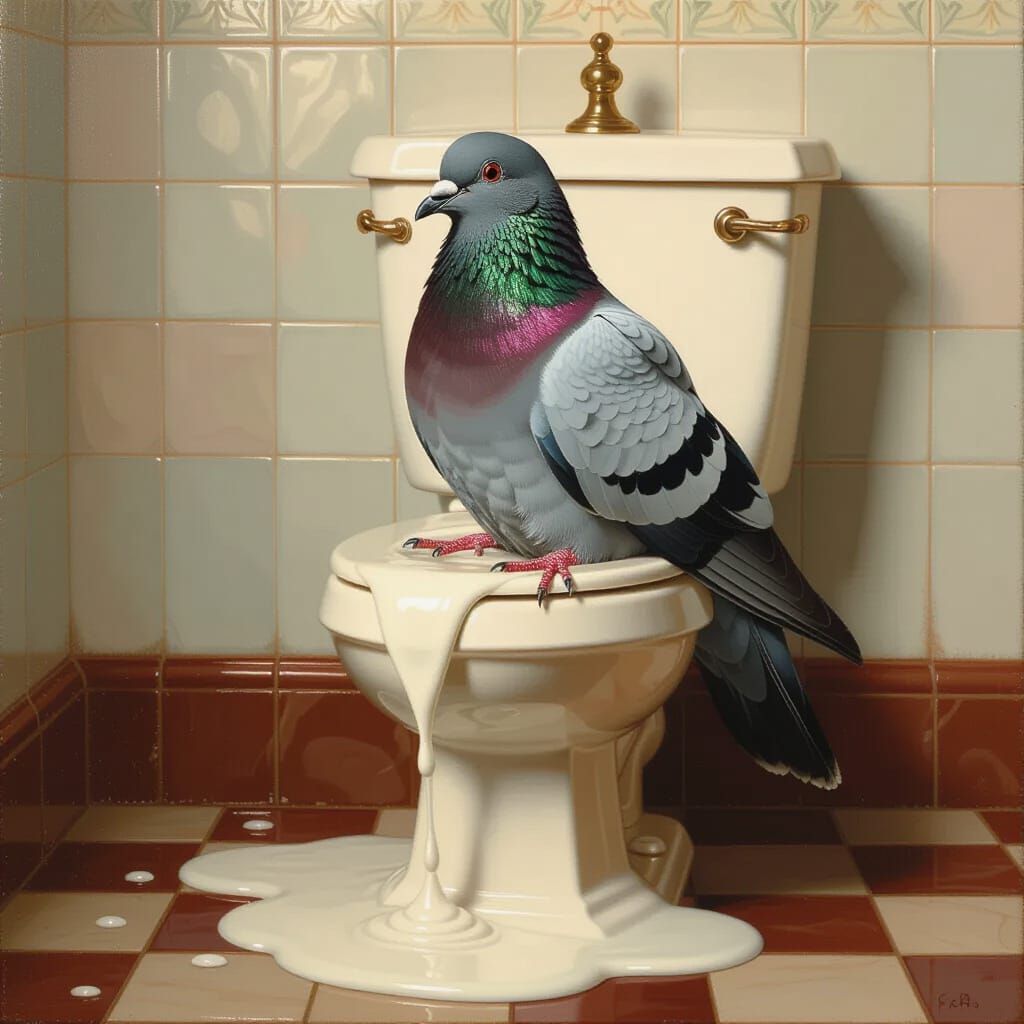 Pigeon on Toilet Spills Milk in Surreal Oil Painting