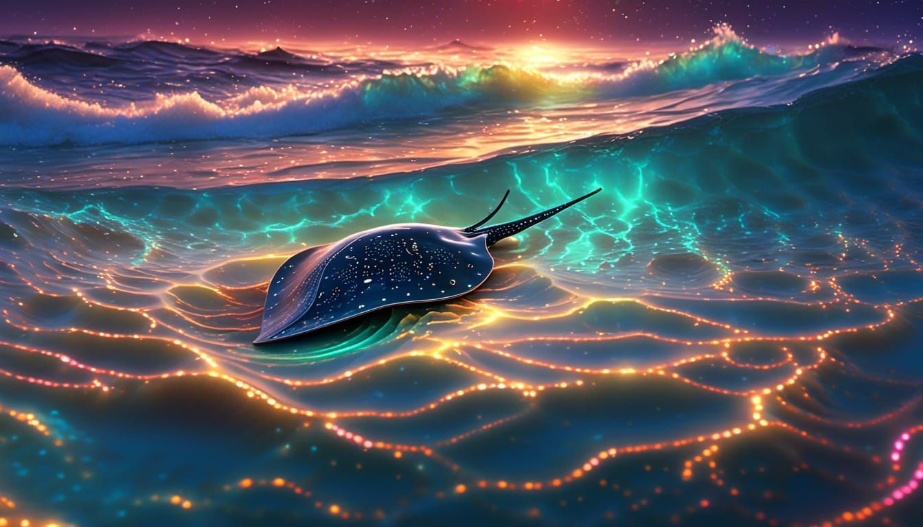 Bioluminescent Stingray Under the Stars in Colorful Marine A...