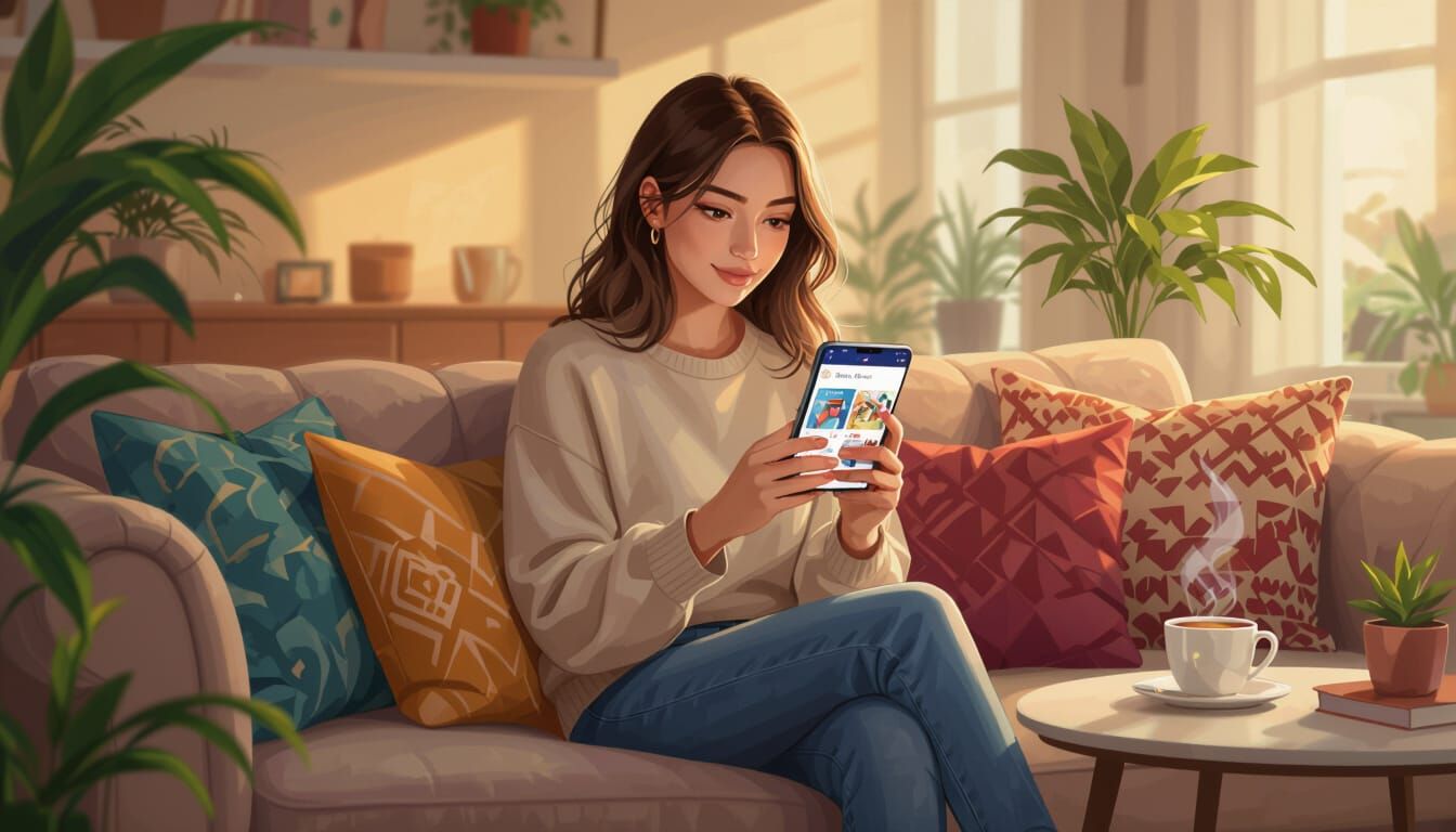 Woman Relaxing at Home Shopping Online: Digital Art