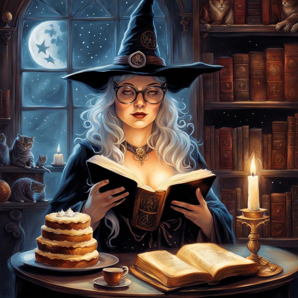 Charming Witch Librarian Reads in Ethereal Library
