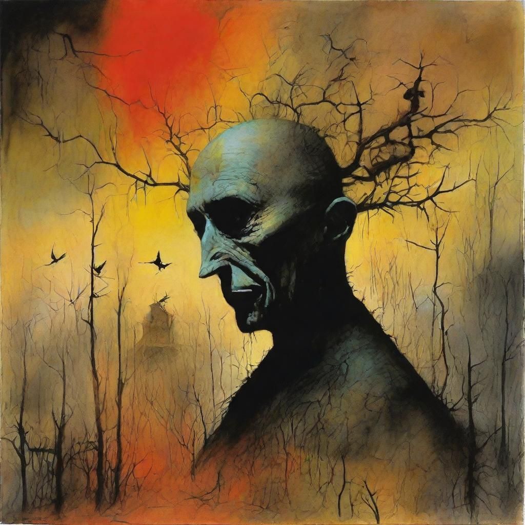 Surreal Halloween Scene in Gouache and Watercolor Style