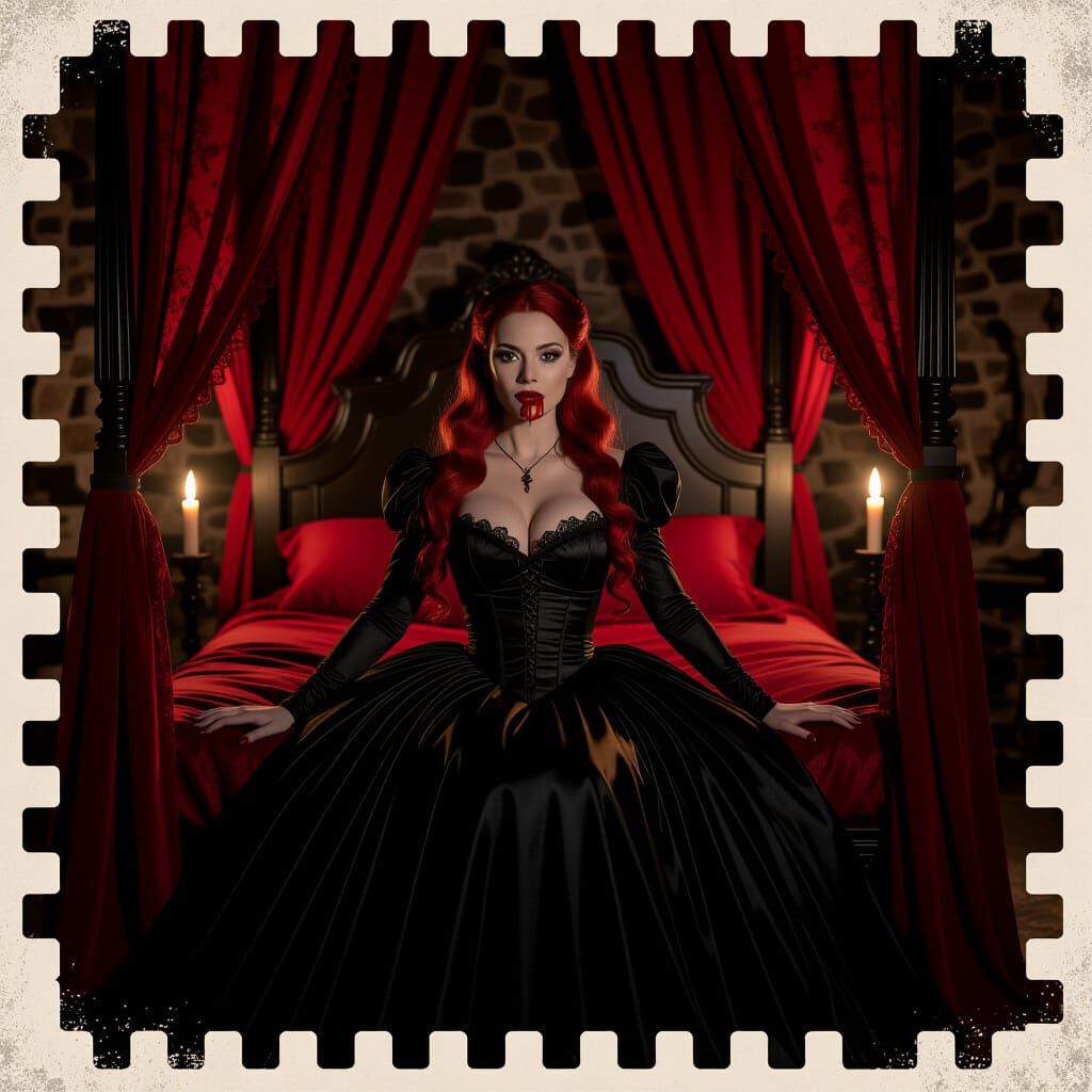 Red-Haired Vampire in Black Lace Dress