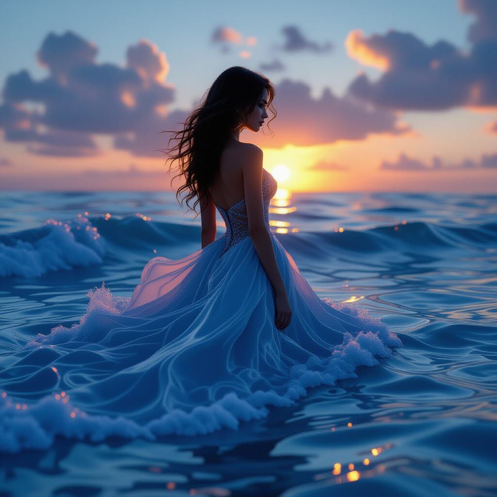 Lady Silhouette Formed From Rippling Water Waves